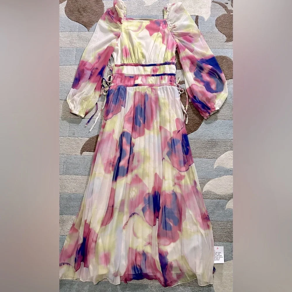 ASOS DESIGN Long Sleeve Pleated Drawstring Bodice Maxi Dress Watercolor Chiffon - Picture 7 of 10